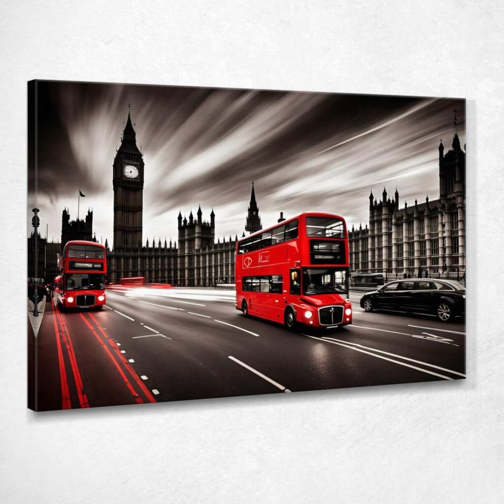 Quadro Moderno Città Astratto Iconici Autobus Rossi Di Londra Davanti A Big Ben E Parlamento , ct12 quadro stampato su tela