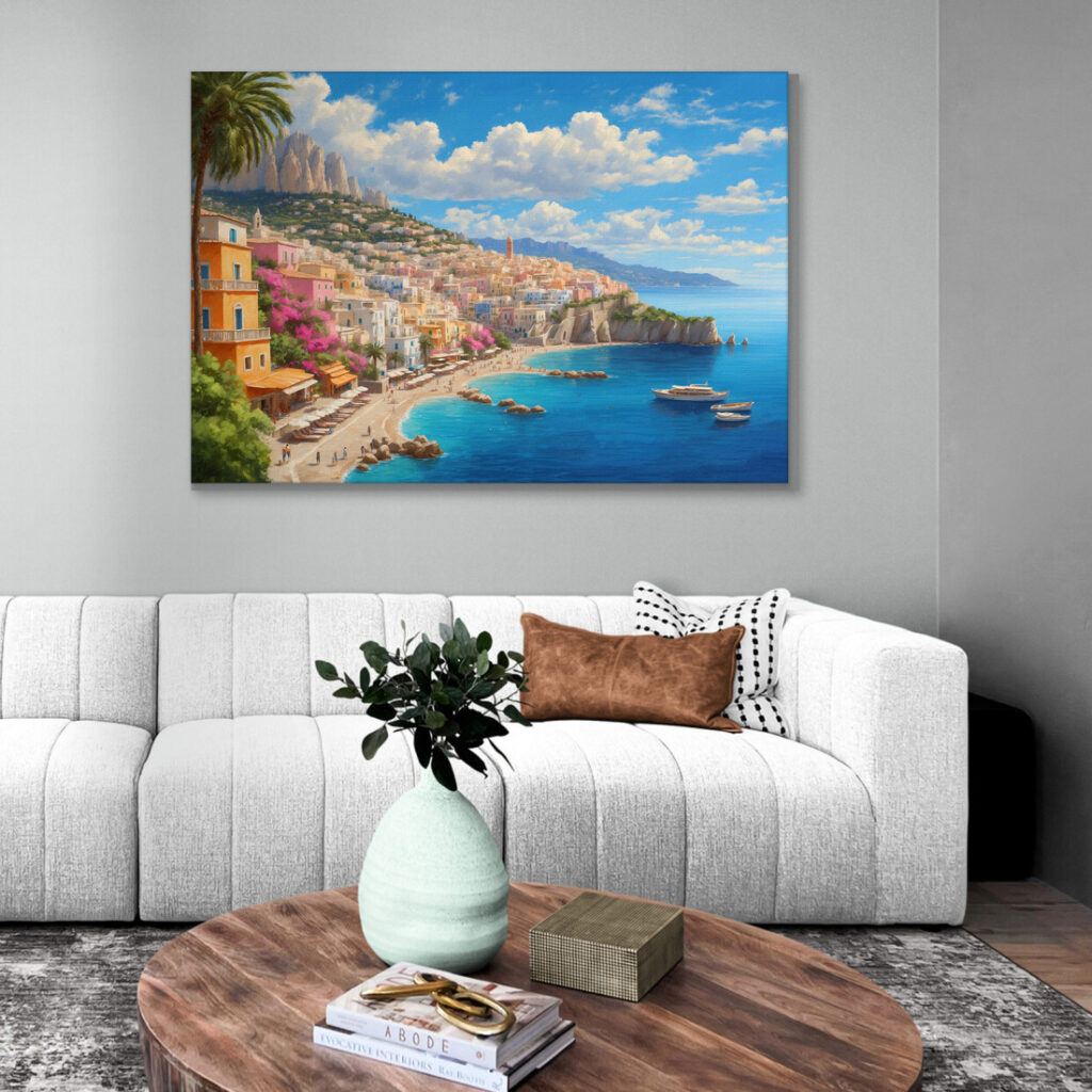 Quadro Moderno Città Astratto Splendida Capri Con Case Pastello E Mare Cristallino , ct28 quadro stampato su tela