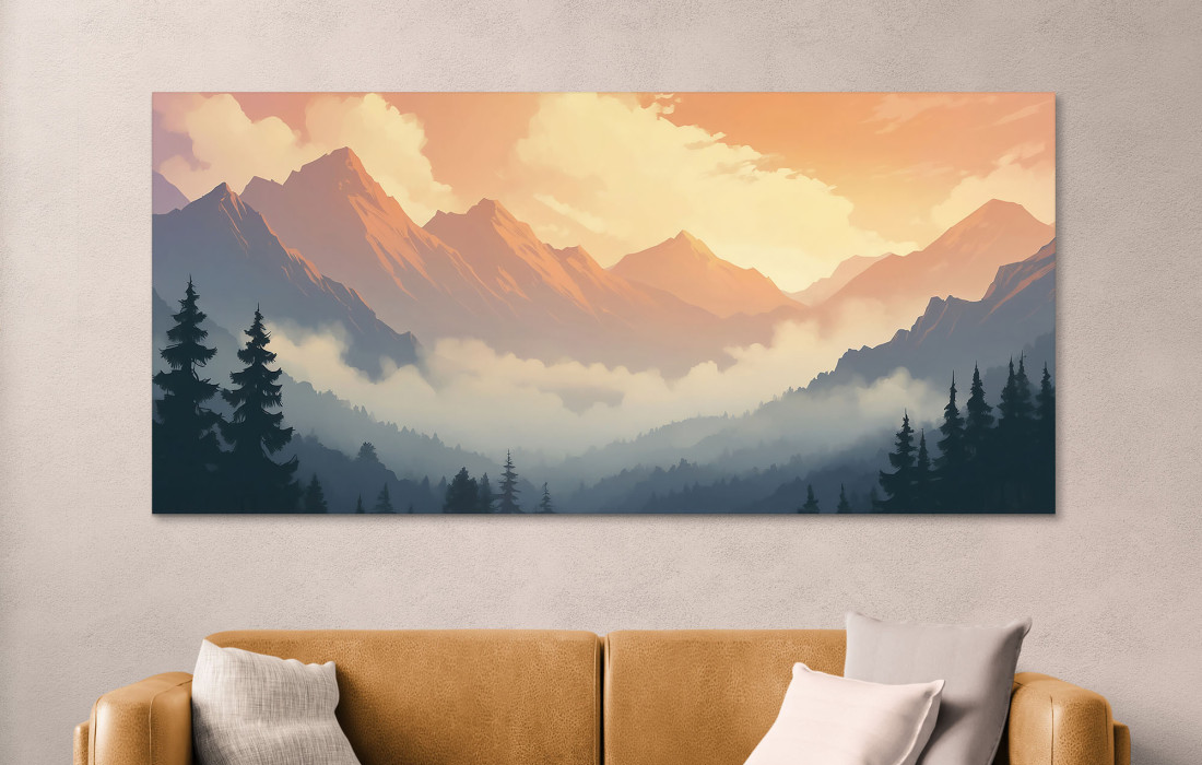 quadro paesaggio astratto paesaggio montuoso al tramonto arte paesaggio sereno arancione e grigio